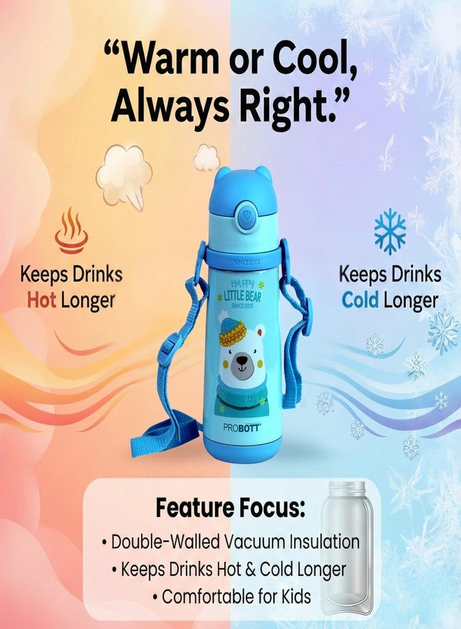 Probott School Champ 370ml Sipper Bottle for 3-5yrs Old Kids with Straw & Strap to Carry, Blue | Stainless Steel Hot & Cold Water Bottle | Double Walled Vacuum Flask | Perfect for Toddlers | Leakproof - Image 3